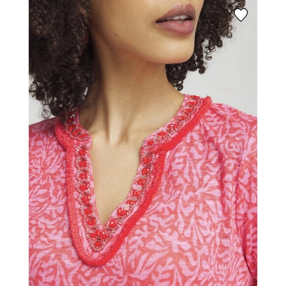 Chicos Woman’s Linen Reef Embellished Tunic Size 2 Large - Picture 2 of 7